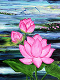 Three Lotus Flowers and Dragonflies Original Painting Laura Milnor Iverson