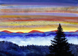 Mist and Mountains as the Sun Sets Original Painting Laura Milnor Iverson. Painting of a sunset over mountains with trees and birds.