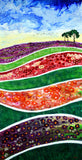 Spring Flower Fields Original Painting Laura Milnor Iverson. Colorful abstract landscape with wavy patterns and trees on a blue sky background.