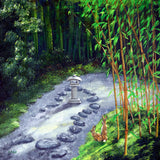 Shinto Lantern in Spring Original Painting Zen Landscape with Rabbits