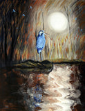 Great Blue Heron and Dragonflies Original Painting Wetlands Bird Landscape