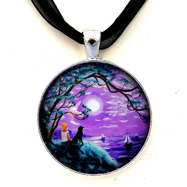 Handmade Pendant Woman and Black Lab Dog Meditating by the Ocean