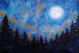 Full Moon Over a Pine Forest Original Mini Painting on Easel