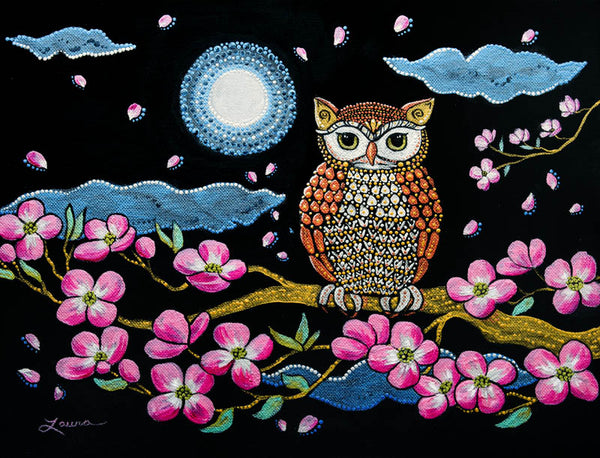 Owl in Dogwood Blossoms Original Painting - SOLD Prints Available