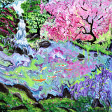 Pink Tree and Waterfall Original Painting Japanese Garden Koi Pond