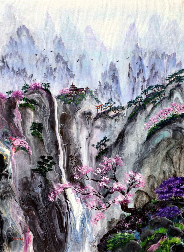 絵画 Mountain Waterfall Waterfall Temple in Sakura Original Painting Laura Milnor Iverson