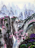 Waterfall Temple in Sakura Original Painting Shinto Zen Buddhism Temple Torii Japanese Landscape
