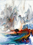 Monk and Egret Beneath a Mountaintop Shrine Original Painting Zen Buddhist Buddha Buddhism