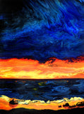 Seascape in Indigo and Bright Orange Original Pour Painting Abstract Expressionism Color Field
