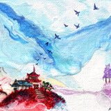 Mountaintop Temple and Red Trees Original Painting Laura Milnor Iverson Official Site