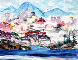 Mountaintop Temple and Red Trees Original Shinto Painting