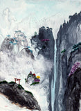 Waterfall Temple in the Mist Original Painting Laura Milnor Iverson Zen Landscape Torii Gate