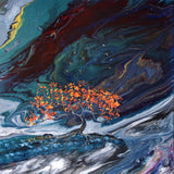 Starlings Flying from a Fiery Tree Original Pour Painting Surreal Landscape Laura Milnor Iverson