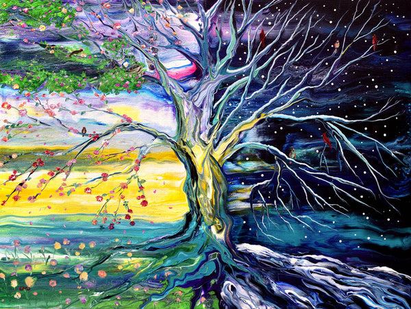 Birds in Spring and Winter Tree of Life Original Painting Laura Milnor Iverson Official Site