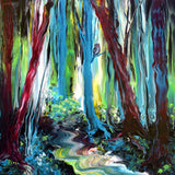 Owl By a Babbling Brook Original Pour Painting Laura Milnor Iverson Forest Landscape