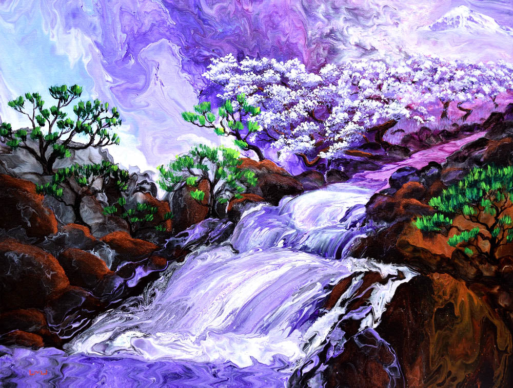 Purple Waterfall and Distant Mountain Original Painting Laura