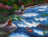 Calico Cat At Koi Pond Original Painting - Prints Available