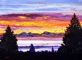 A colorful Oregon landscape painting of a sunrise over the Three Sisters mountains. Dark pine tree silhouettes frame the misty valley. The sky features dramatic bands of blue, purple, violet, orange, and yellow, with geese flying across the scene.