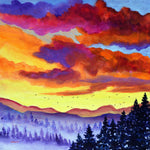 Colorful Sunset over Mist and Pine Trees Original Painting Laura Milnor Iverson