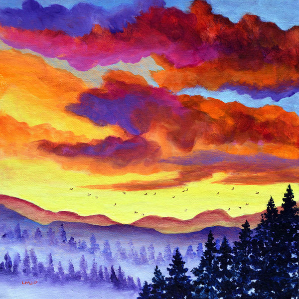 Colorful Sunset over Mist and Pine Trees Original Painting Laura Milnor Iverson