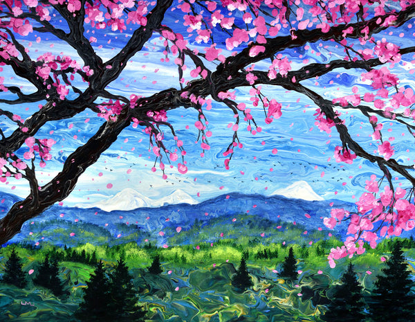 View of Three Sisters Through Pink Blossoms Original Painting Laura Milnor Iverson Official Site