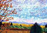 Autumn Clouds Over Mt Jefferson Original Painting by Laura Milnor Iverson. An Oregon landscape with trees, fields, and a blue sky with clouds.
