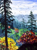 Autumn View with Pine Trees Original Painting Laura Milnor Iverson. Colorful painting of a forest with trees.