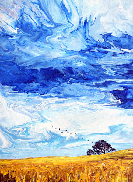 Oak Tree in a Golden Field Original Painting Laura Milnor Iverson Pour Landscape