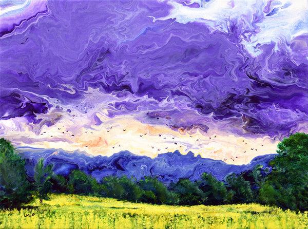 Purple Clouds Over Yellow Fields Original Painting Laura Milnor Iverson Canola Flowers Landscape