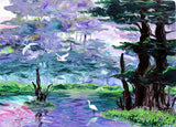"Egrets in a Cypress Tree Wetland", a colorful abstract landscape with cypress trees, water, and egrets. Original painting by Oregon artist Laura Milnor Iverson.