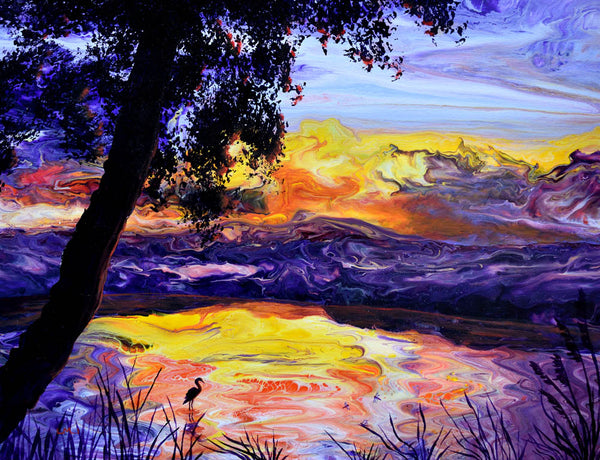 Heron and Dragonflies at Sunset Original Painting Laura Milnor Iverson Official Site