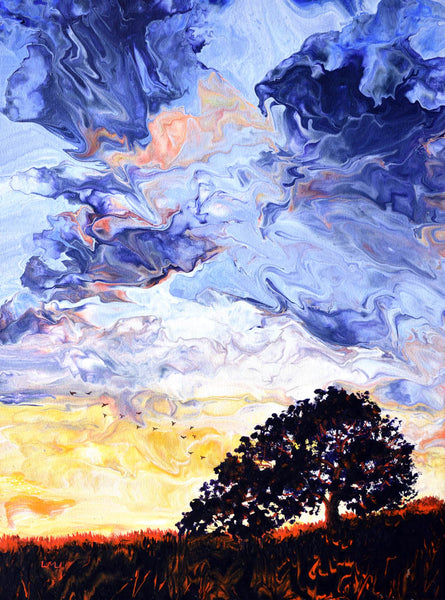 Oak Tree in the Dawn Breeze Original Painting Laura Milnor Iverson Landscape Pour