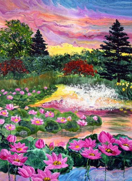 The Lotus Pond at the Park Original Painting Laura Milnor Iverson