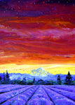 Mt Hood Over Lavender Fields Original Painting Laura Milnor Iverson. Pour Painting of a sunset over mountains with lavender fields