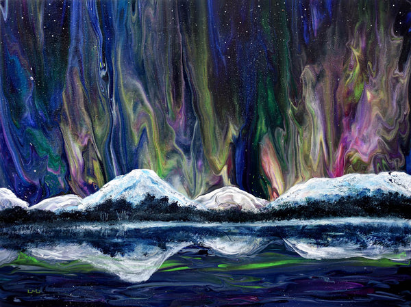 Mountain Peaks and Northern Lights Original Painting Laura Milnor Aurora Borealis Pour Landscape