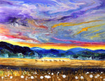 Elk in the August Sunset Original Painting Laura Milnor Iverson. Oregon wetlands landscape.