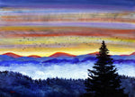 Mist and Mountains as the Sun Sets Original Painting Laura Milnor Iverson. Painting of a sunset over mountains with trees and birds.