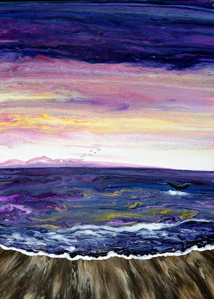 Whale Tail in Summer Sunset Original Painting on Canvas Ocean Seascape