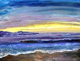 "Waves Rolling Onto a Copper Beach" original seascape painting of a sunset over water with blue, purple, and yellow colors. By Laura Milnor Iverson.