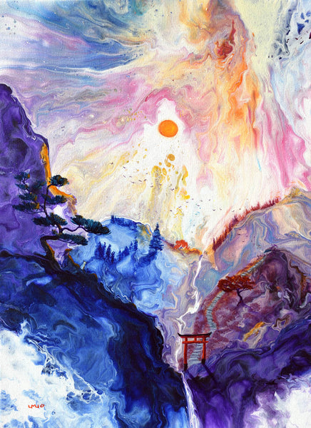 The Temple of the Orange Sun Original Painting Laura Milnor Iverson. Abstract landscape painting with mountains, a sun, and a gate.