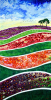 Spring Flower Fields Original Painting Laura Milnor Iverson. Colorful abstract landscape with wavy patterns and trees on a blue sky background.
