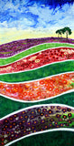 Spring Flower Fields Original Painting Laura Milnor Iverson. Colorful abstract landscape with wavy patterns and trees on a blue sky background.