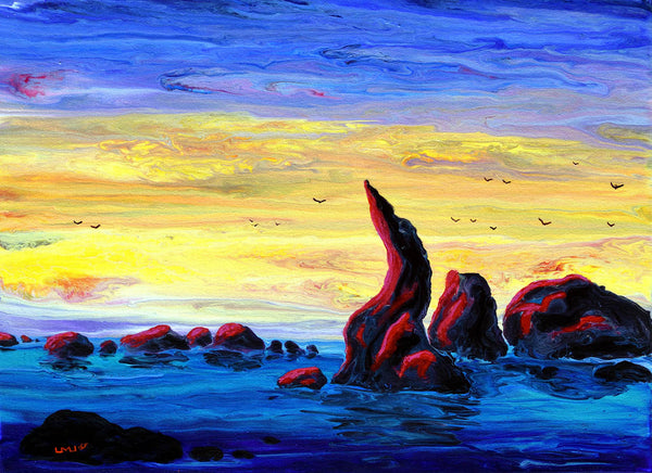 Sunrise at Wizard's Hat Rock Original Painting Laura Milnor Iverson Oregon Seascape