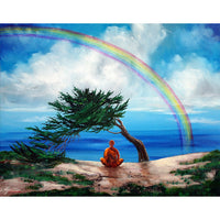 Rainbow of Hope Original Painting Zen Buddhist Monk Meditating by the Sea