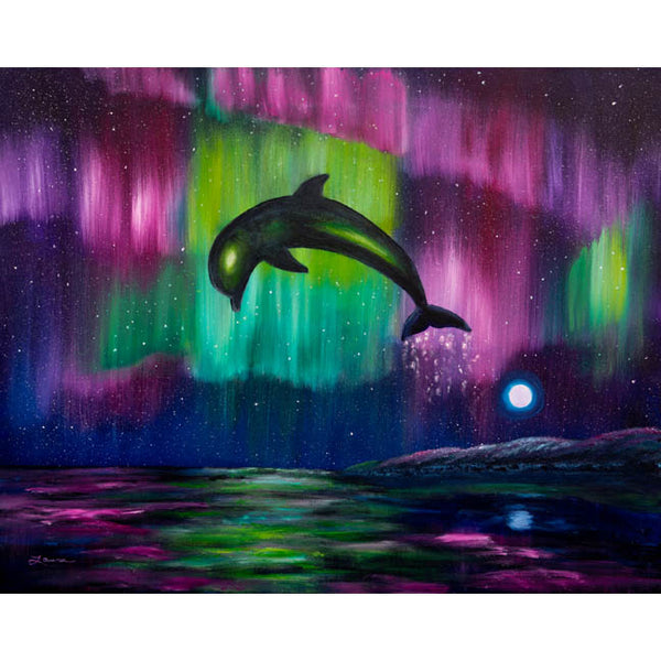 Dolphin Playing in Northern Lights Original Painting Aurora Borealis Seascape
