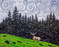 Elk Under Swirling Grey Clouds Original Painting Pacific Northwest Surreal Landscape