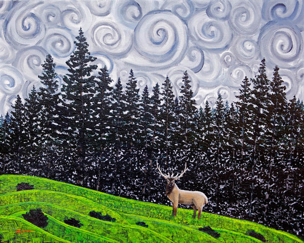 Elk Under Swirling Grey Clouds Original Painting Pacific Northwest Surreal Landscape