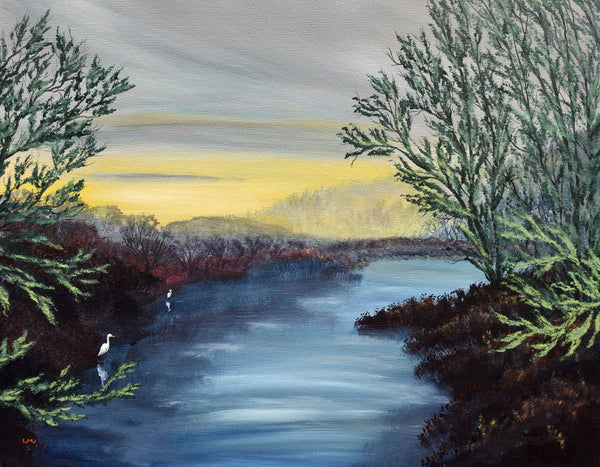 Egret in Wetlands Original Painting Oregon River Landscape Local Artist