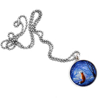 Red Fox in Blue Cypress Grove Handmade Round Pendant - Laura Milnor Iverson Official Site