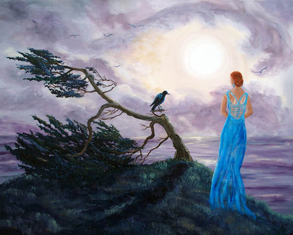 Bent Cypress and Blue Lady Original Painting Half Moon Bay Ghost Haunted Ocean Sea